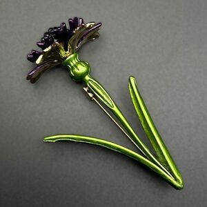 Yellow Gold with Purple and Green Enamel Stemmed Cornflower Pin Back Brooch